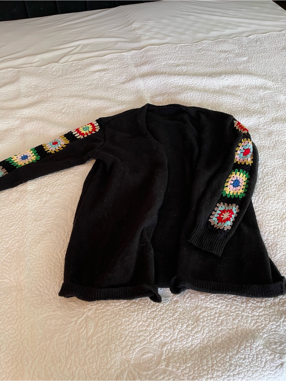 Boho Black Women's Cardigan with Colorful Crochet Sleeve Accents